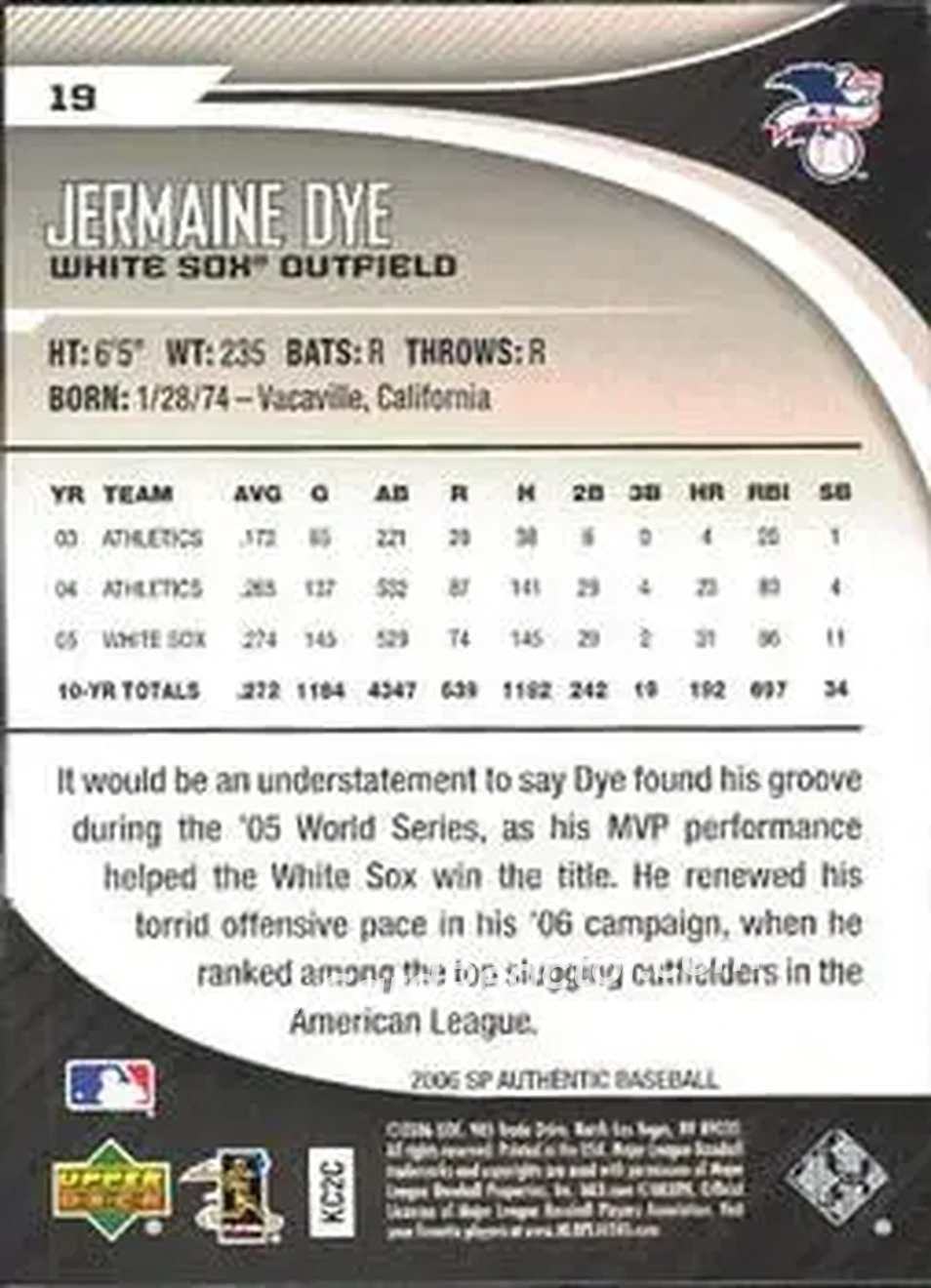 2006 SP Authentic #19 - Jermaine Dye - Chicago White Sox - Back