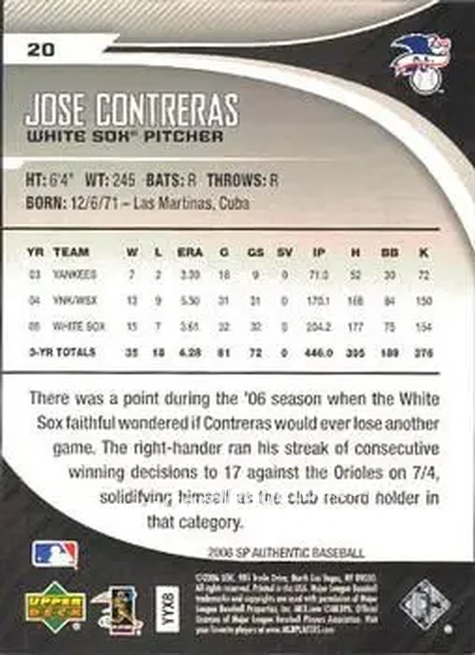 2006 SP Authentic #20 - Jose Contreras - Chicago White Sox - Back 2006 SP Authentic #20 - Jose Contreras - Chicago White Sox - Back
