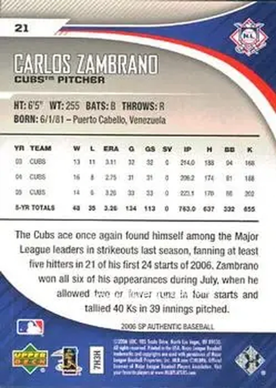 2006 SP Authentic #21 - Carlos Zambrano - Chicago Cubs - Back