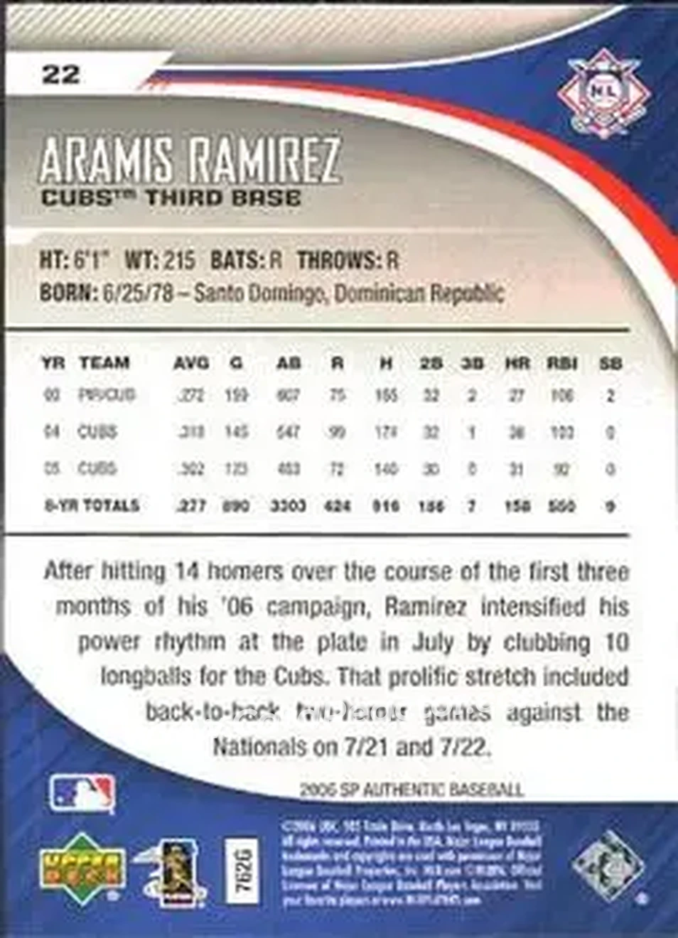 2006 SP Authentic #22 - Aramis Ramirez - Chicago Cubs - Back 2006 SP Authentic #22 - Aramis Ramirez - Chicago Cubs - Back