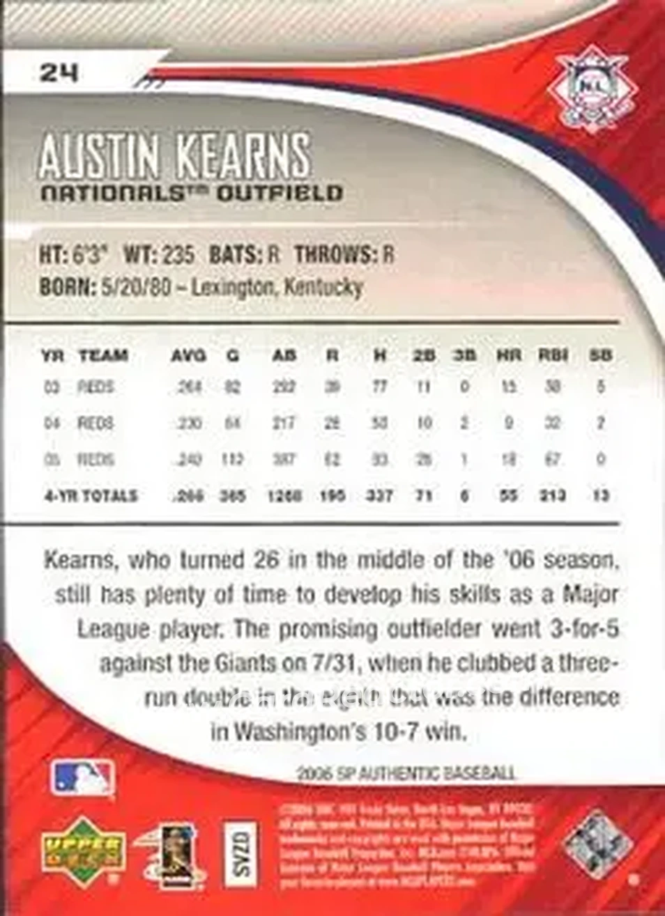 2006 SP Authentic #24 - Austin Kearns - Washington Nationals - Back