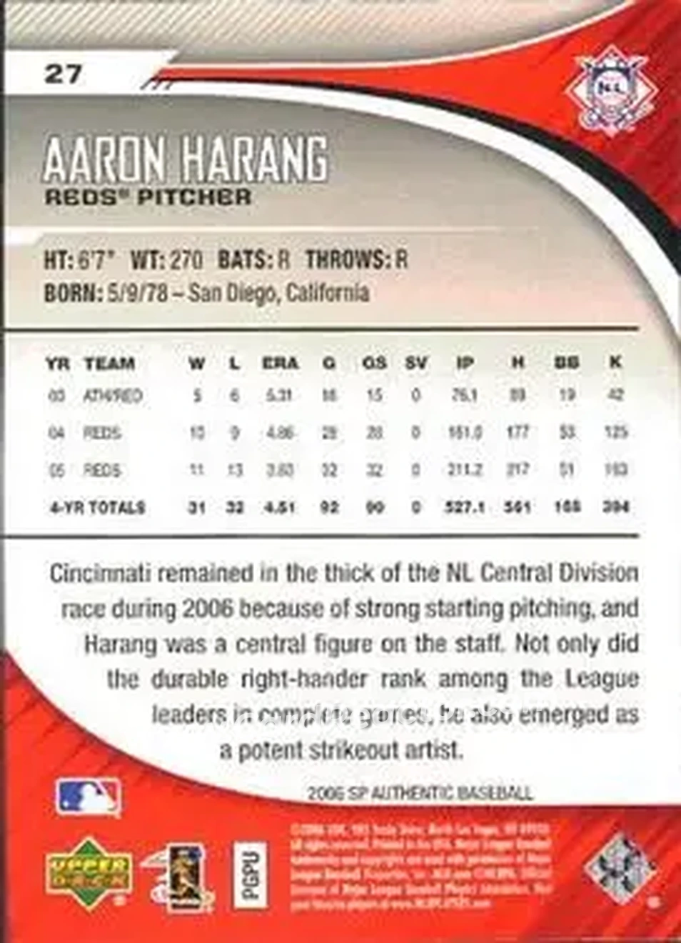 2006 SP Authentic #27 - Aaron Harang - Cincinnati Reds - Back 2006 SP Authentic #27 - Aaron Harang - Cincinnati Reds - Back