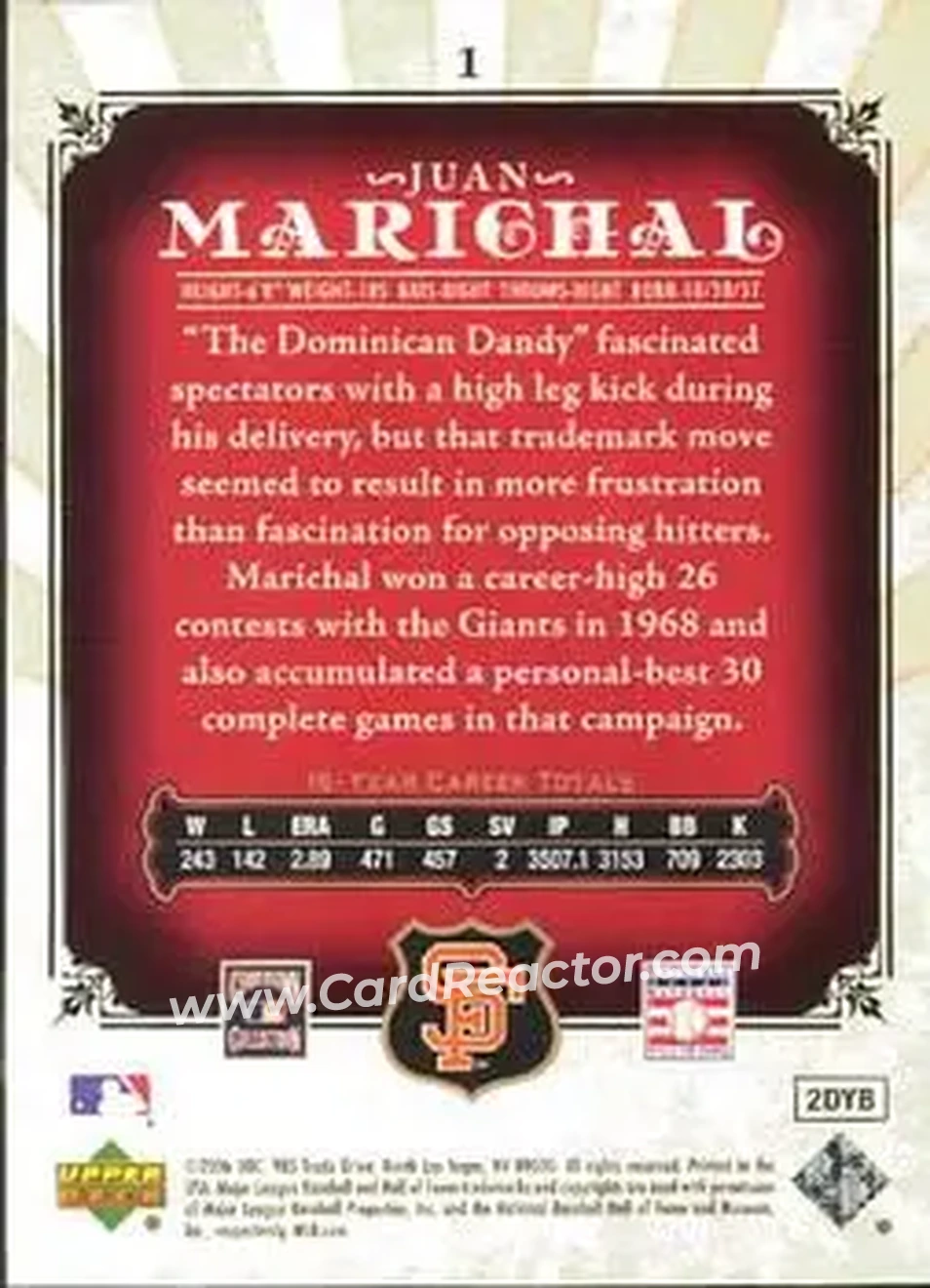 2006 SP Legendary Cuts #1 - Juan Marichal - San Francisco Giants - Back