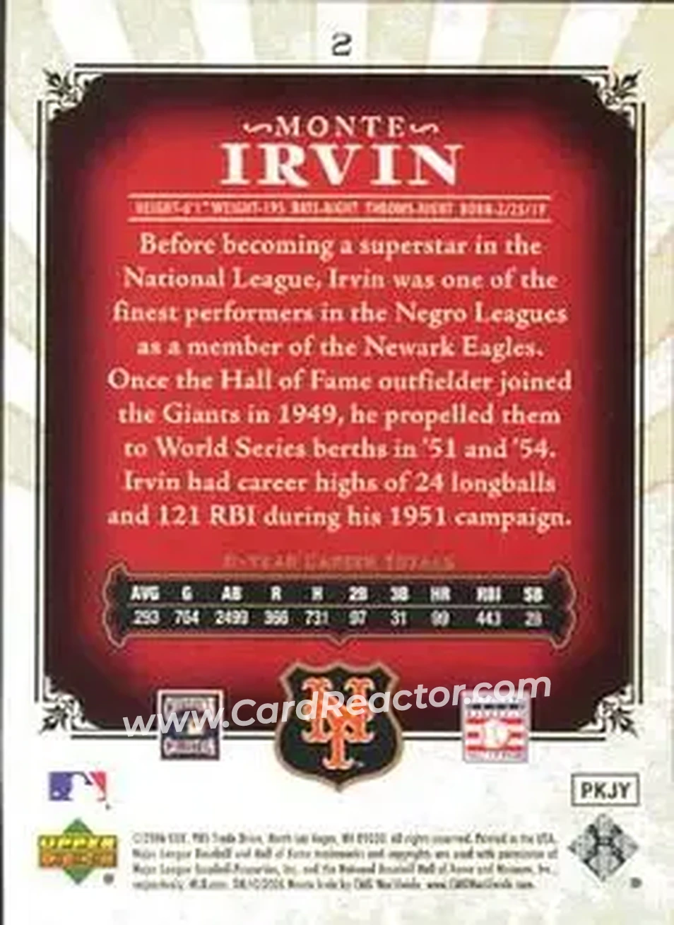2006 SP Legendary Cuts #2 - Monte Irvin - New York Giants - Back
