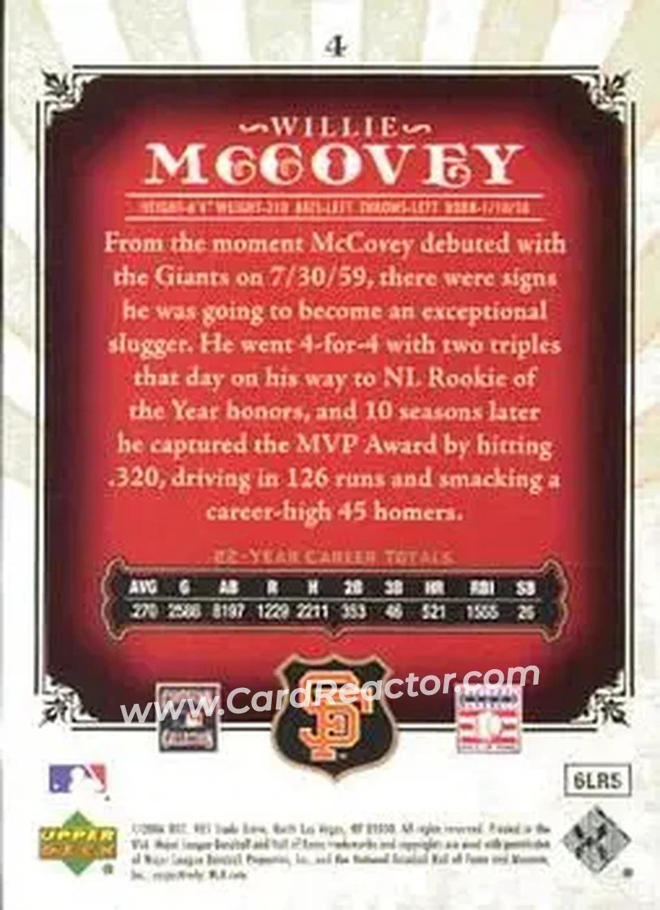 2006 SP Legendary Cuts #4 - Willie McCovey - San Francisco Giants - Back 2006 SP Legendary Cuts #4 - Willie McCovey - San Francisco Giants - Back