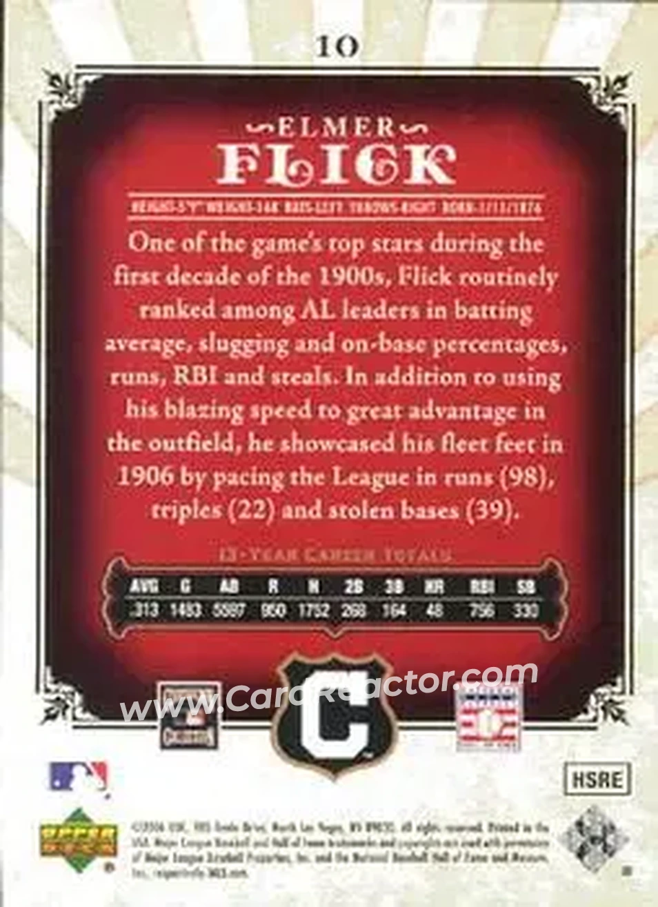 2006 SP Legendary Cuts #10 - Elmer Flick - Cleveland Indians - Back 2006 SP Legendary Cuts #10 - Elmer Flick - Cleveland Indians - Back