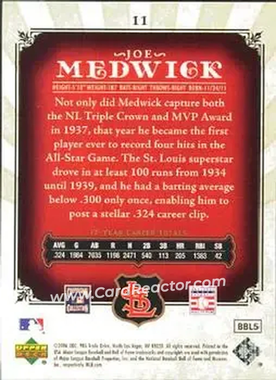 2006 SP Legendary Cuts #11 - Joe Medwick - St. Louis Cardinals - Back 2006 SP Legendary Cuts #11 - Joe Medwick - St. Louis Cardinals - Back