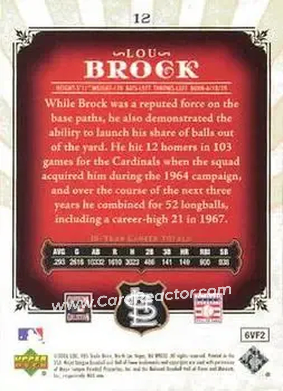 2006 SP Legendary Cuts #12 - Lou Brock - St. Louis Cardinals - Back 2006 SP Legendary Cuts #12 - Lou Brock - St. Louis Cardinals - Back