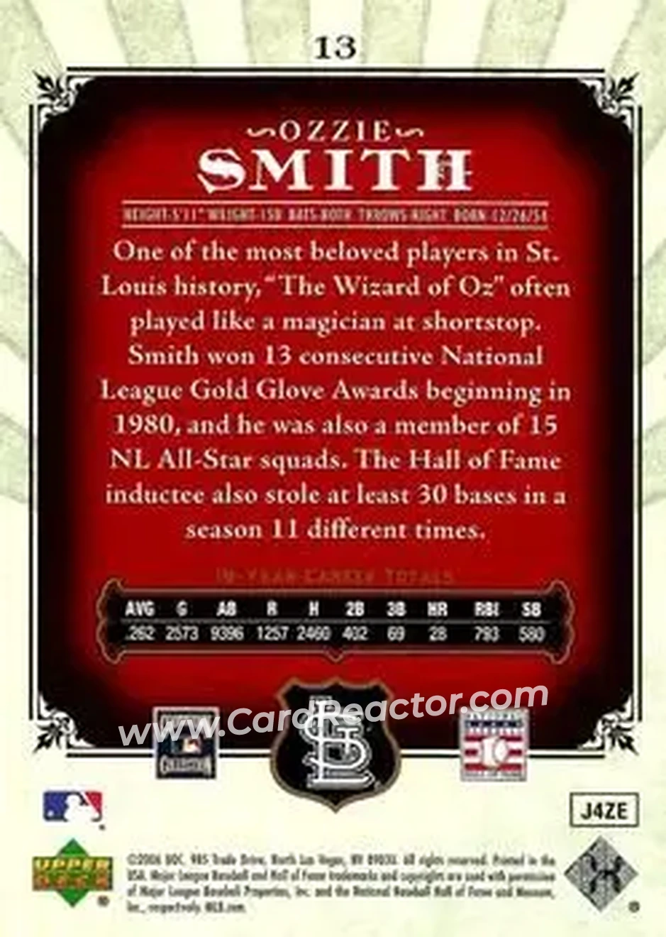 2006 SP Legendary Cuts #13 - Ozzie Smith - St. Louis Cardinals - Back 2006 SP Legendary Cuts #13 - Ozzie Smith - St. Louis Cardinals - Back