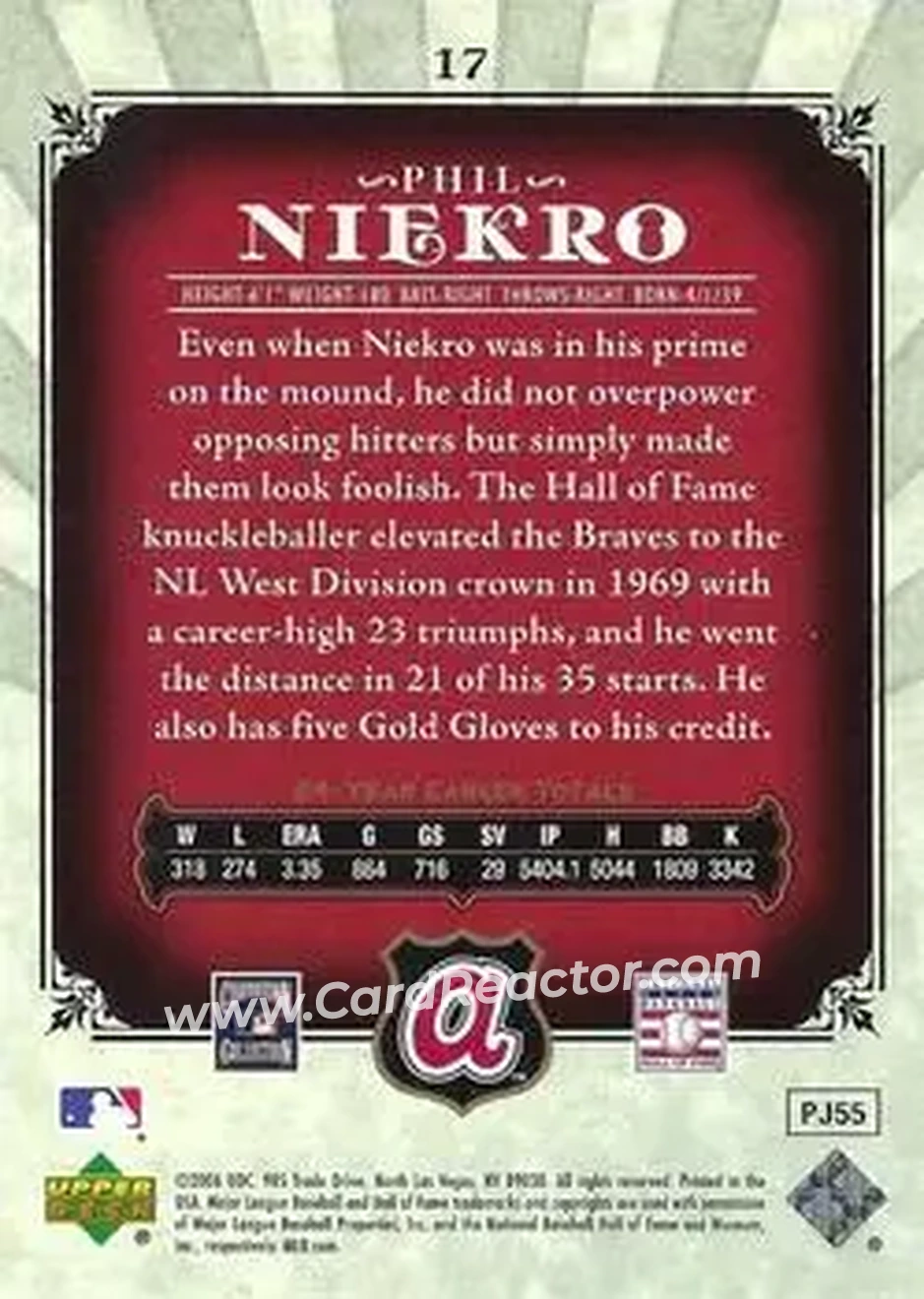 2006 SP Legendary Cuts #17 - Phil Niekro - Atlanta Braves - Back