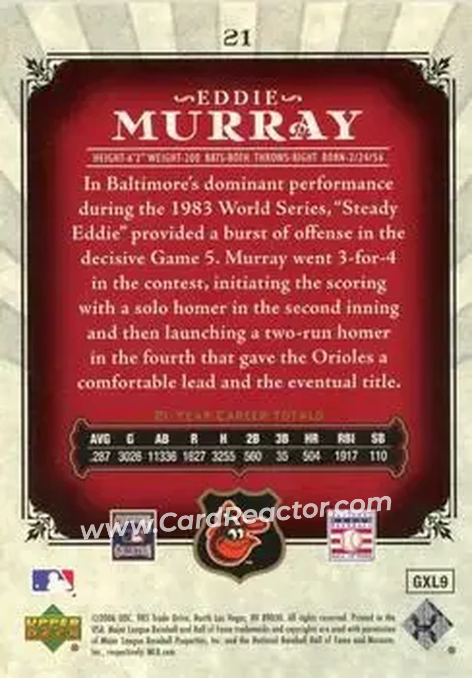 2006 SP Legendary Cuts #21 - Eddie Murray - Baltimore Orioles - Back 2006 SP Legendary Cuts #21 - Eddie Murray - Baltimore Orioles - Back