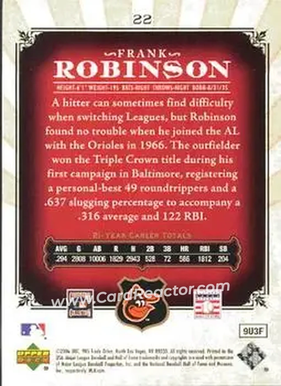 2006 SP Legendary Cuts #22 - Frank Robinson - Baltimore Orioles - Back 2006 SP Legendary Cuts #22 - Frank Robinson - Baltimore Orioles - Back