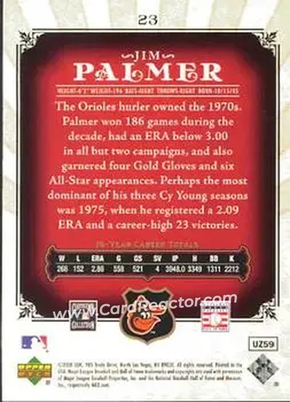 2006 SP Legendary Cuts #23 - Jim Palmer - Baltimore Orioles - Back