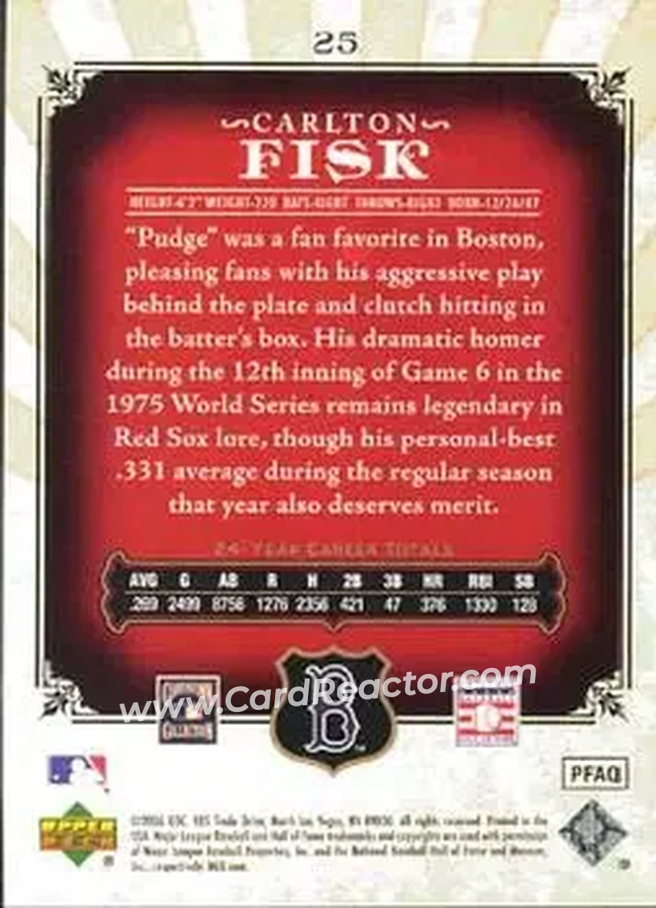 2006 SP Legendary Cuts #25 - Carlton Fisk - Boston Red Sox - Back