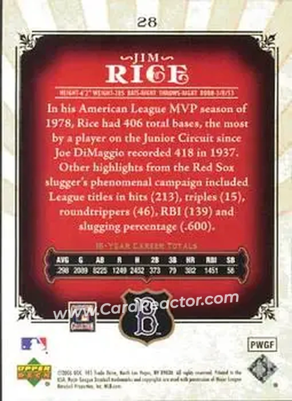 2006 SP Legendary Cuts #28 - Jim Rice - Boston Red Sox - Back 2006 SP Legendary Cuts #28 - Jim Rice - Boston Red Sox - Back