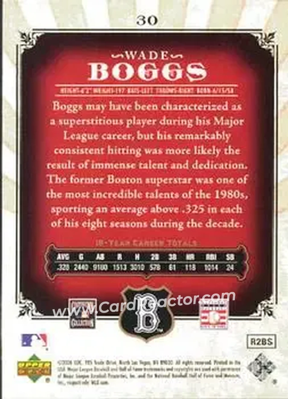 2006 SP Legendary Cuts #30 - Wade Boggs - Boston Red Sox - Back