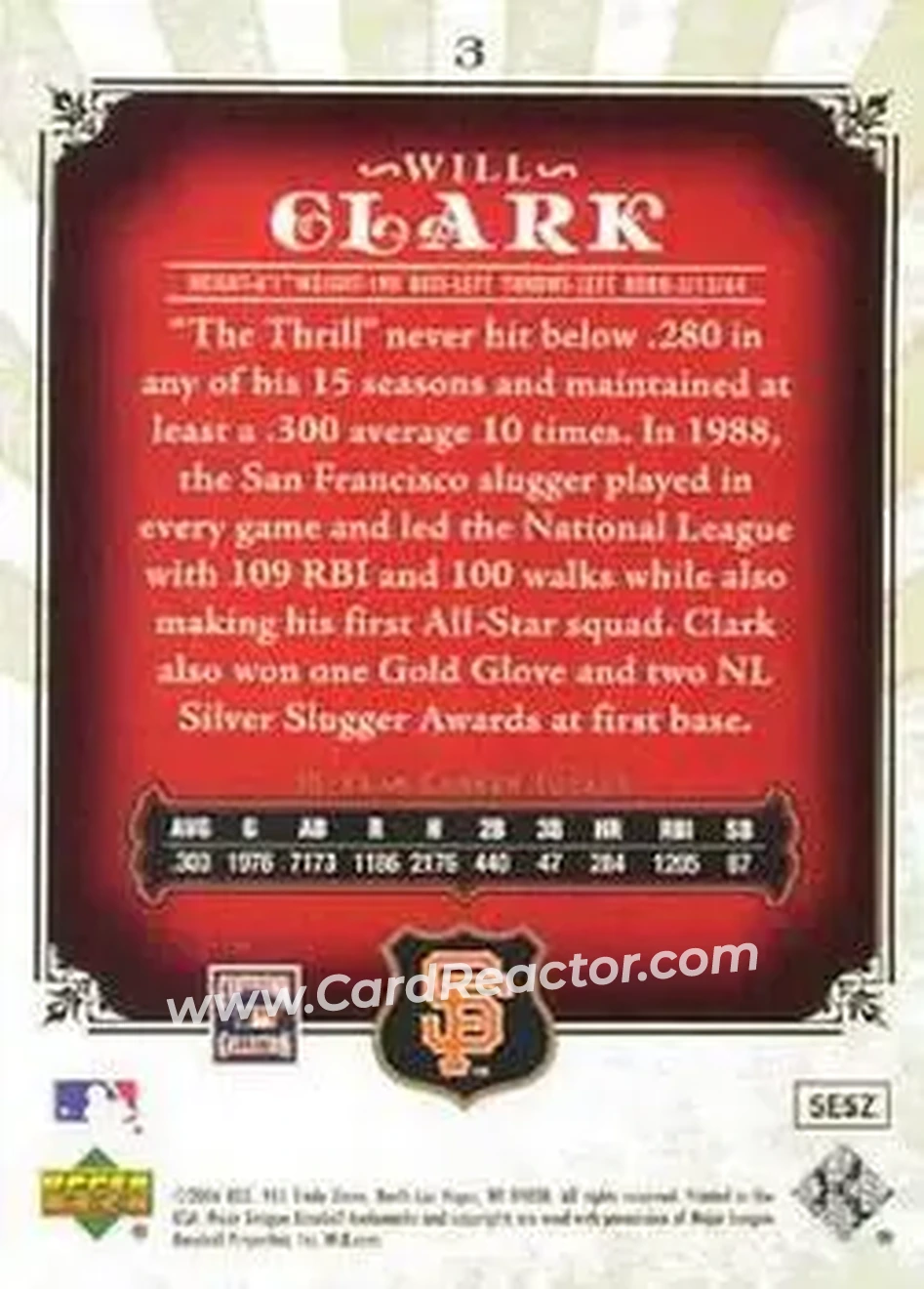 2006 SP Legendary Cuts #3 - Will Clark - San Francisco Giants - Back 2006 SP Legendary Cuts #3 - Will Clark - San Francisco Giants - Back
