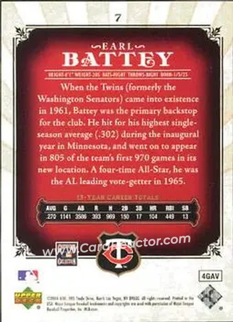 2006 SP Legendary Cuts #7 - Earl Battey - Minnesota Twins - Back 2006 SP Legendary Cuts #7 - Earl Battey - Minnesota Twins - Back