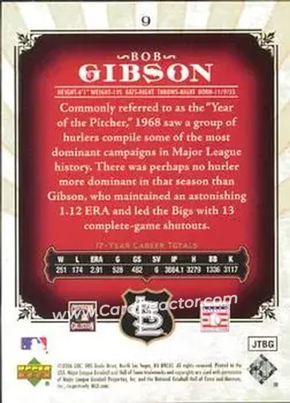 2006 SP Legendary Cuts #9 - Bob Gibson - St. Louis Cardinals - Back 2006 SP Legendary Cuts #9 - Bob Gibson - St. Louis Cardinals - Back