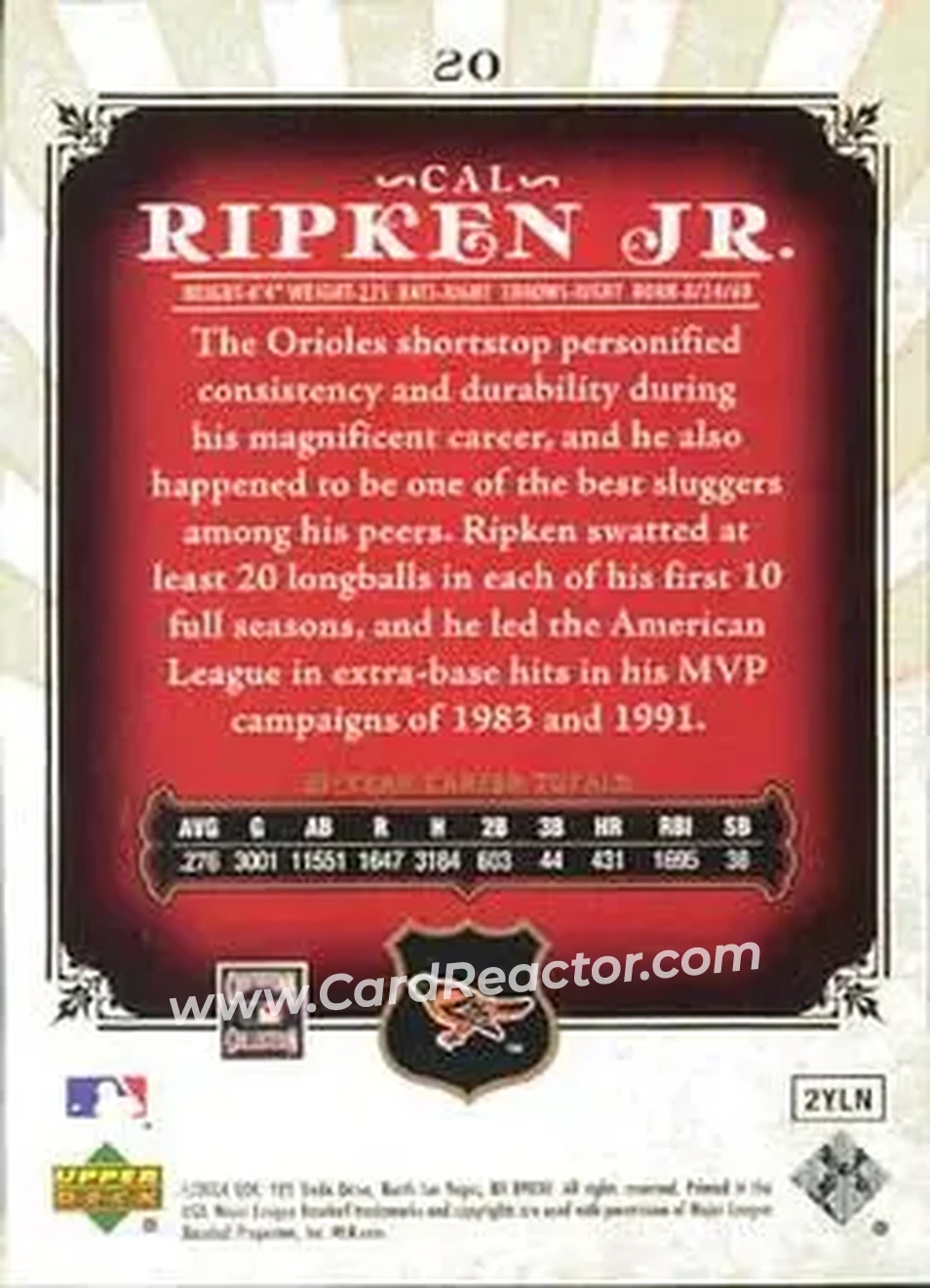 2006 SP Legendary Cuts #20 - Cal Ripken - Baltimore Orioles - Back