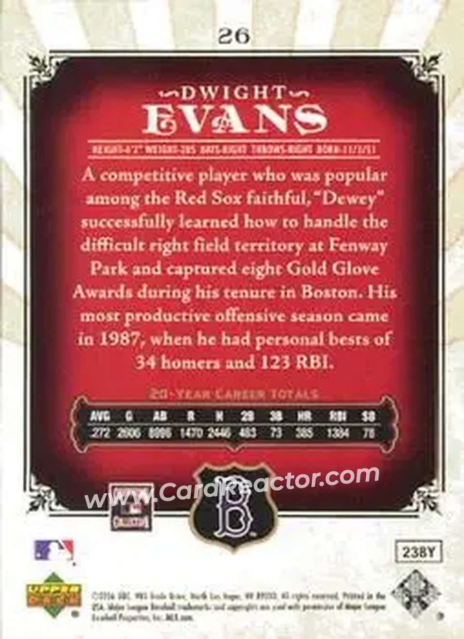 2006 SP Legendary Cuts #26 - Dwight Evans - Boston Red Sox - Back