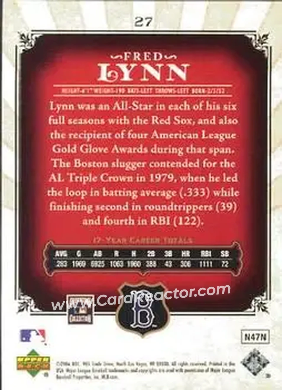 2006 SP Legendary Cuts #27 - Fred Lynn - Boston Red Sox - Back 2006 SP Legendary Cuts #27 - Fred Lynn - Boston Red Sox - Back