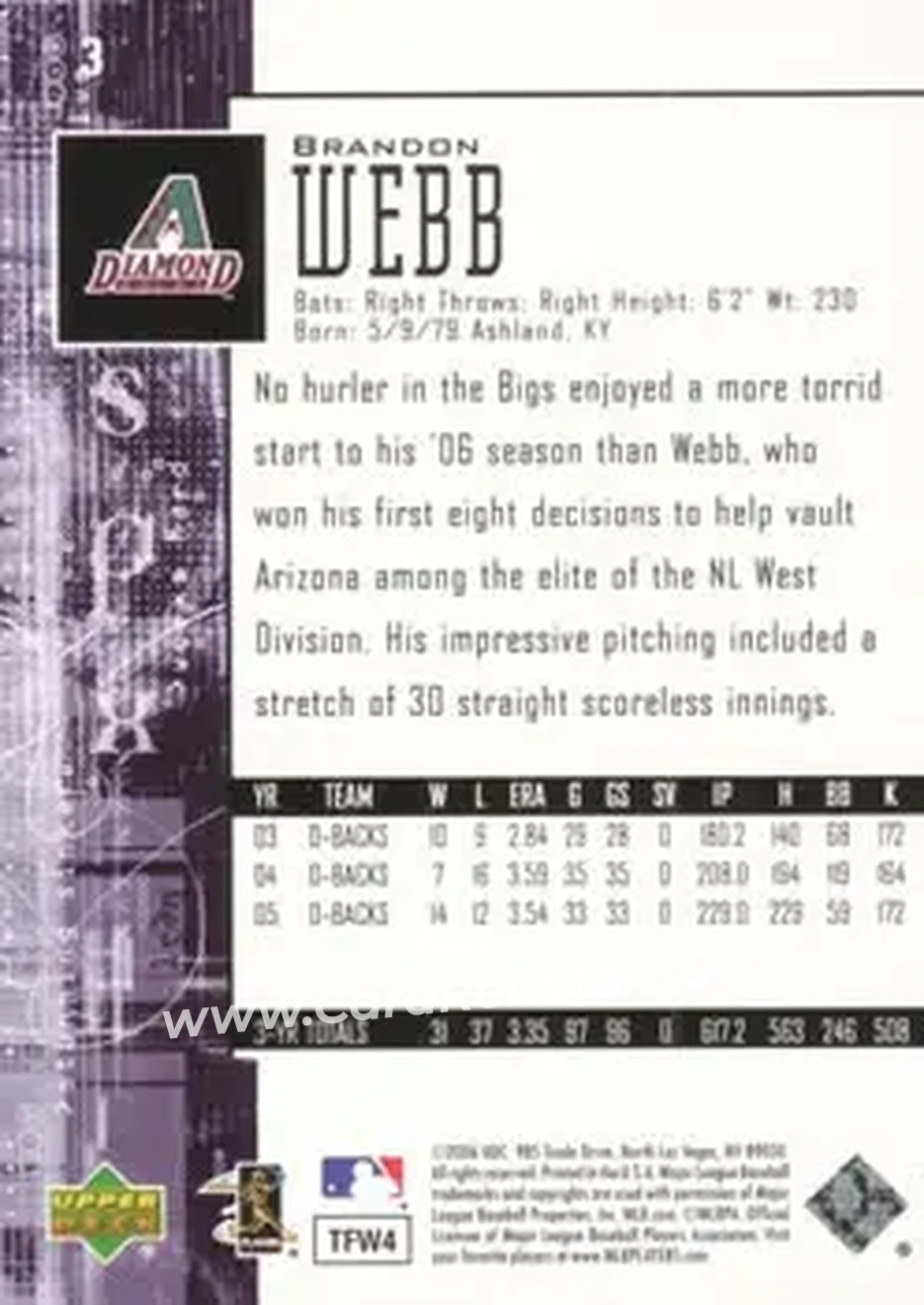 2006 SPx #3 - Brandon Webb - Arizona Diamondbacks - Back