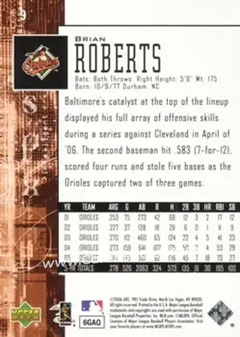 2006 SPx #9 - Brian Roberts - Baltimore Orioles - Back 2006 SPx #9 - Brian Roberts - Baltimore Orioles - Back