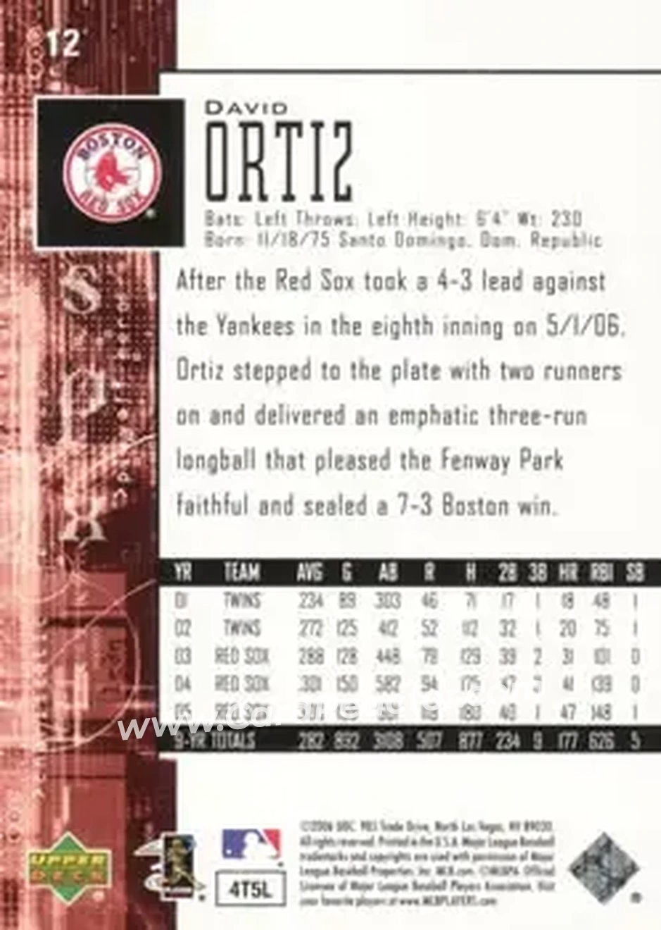 2006 SPx #12 - David Ortiz - Boston Red Sox - Back 2006 SPx #12 - David Ortiz - Boston Red Sox - Back