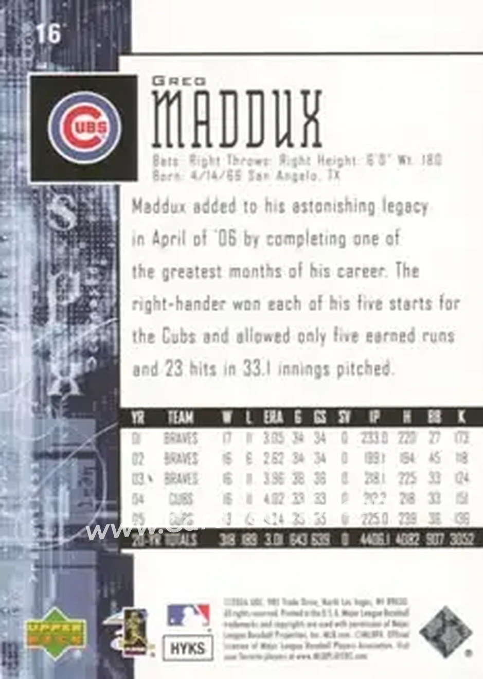 2006 SPx #16 - Greg Maddux - Chicago Cubs - Back