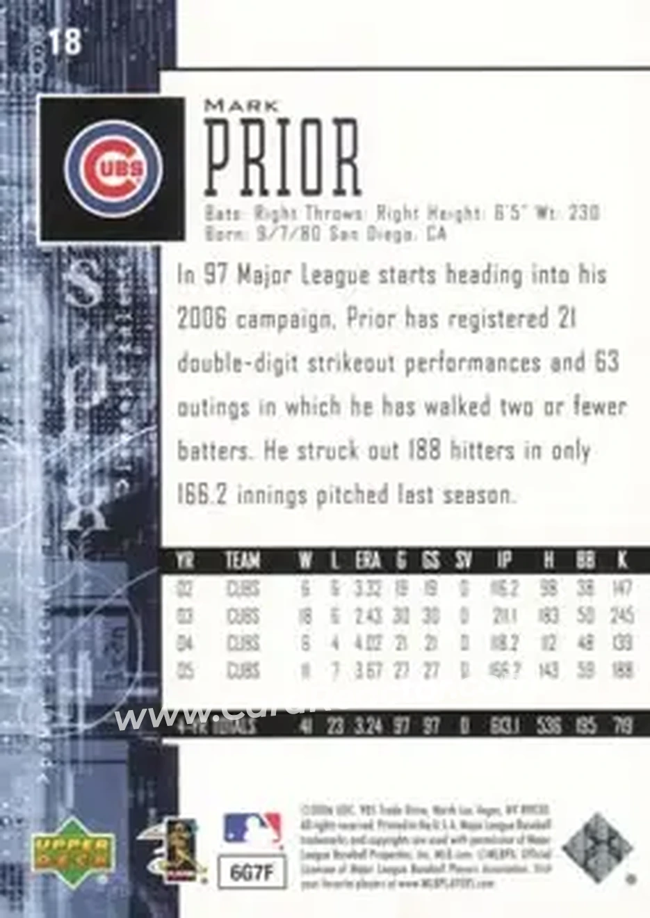2006 SPx #18 - Mark Prior - Chicago Cubs - Back