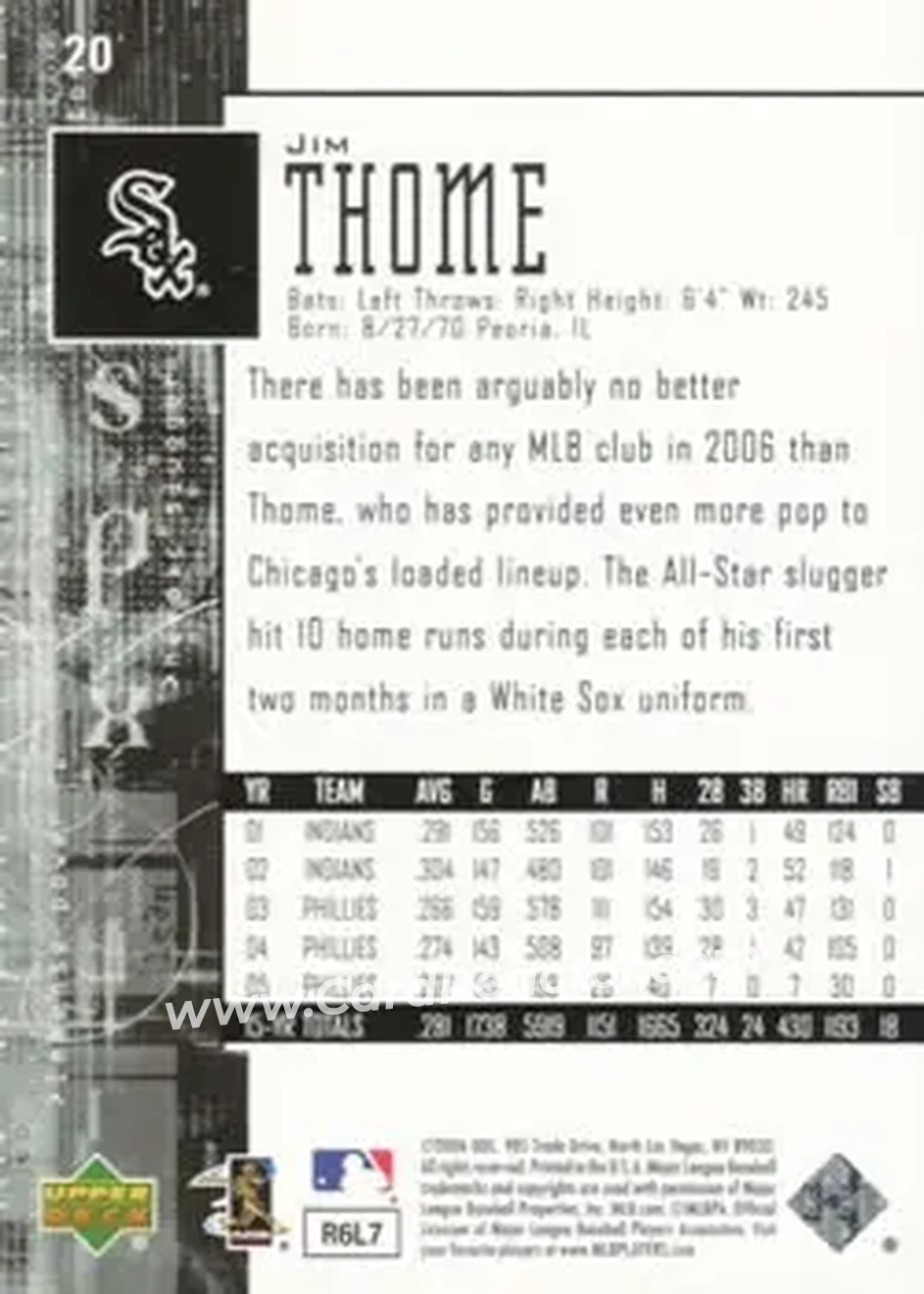 2006 SPx #20 - Jim Thome - Chicago White Sox - Back 2006 SPx #20 - Jim Thome - Chicago White Sox - Back