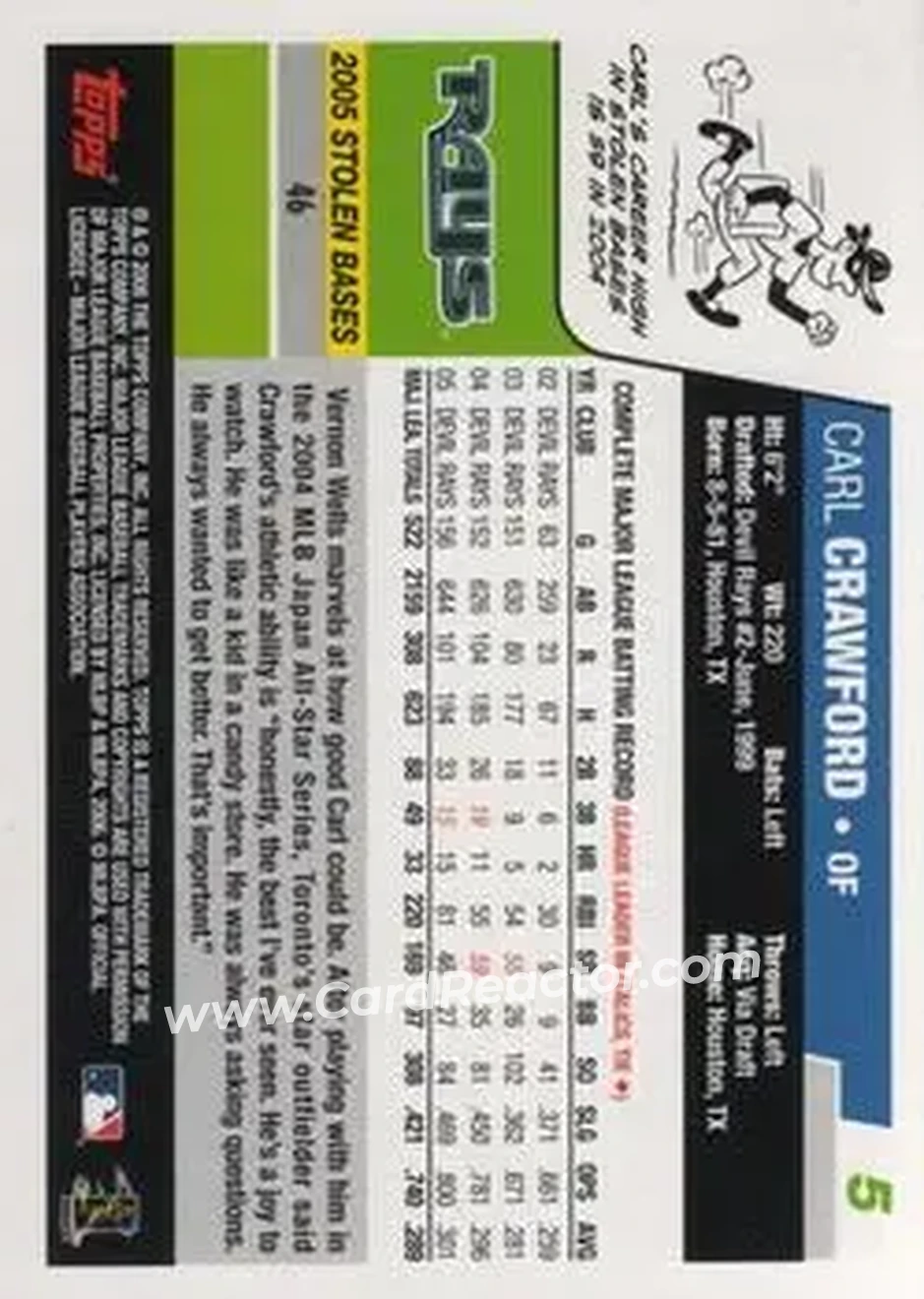 2006 Topps #5 - Carl Crawford - Tampa Bay Devil Rays - Back