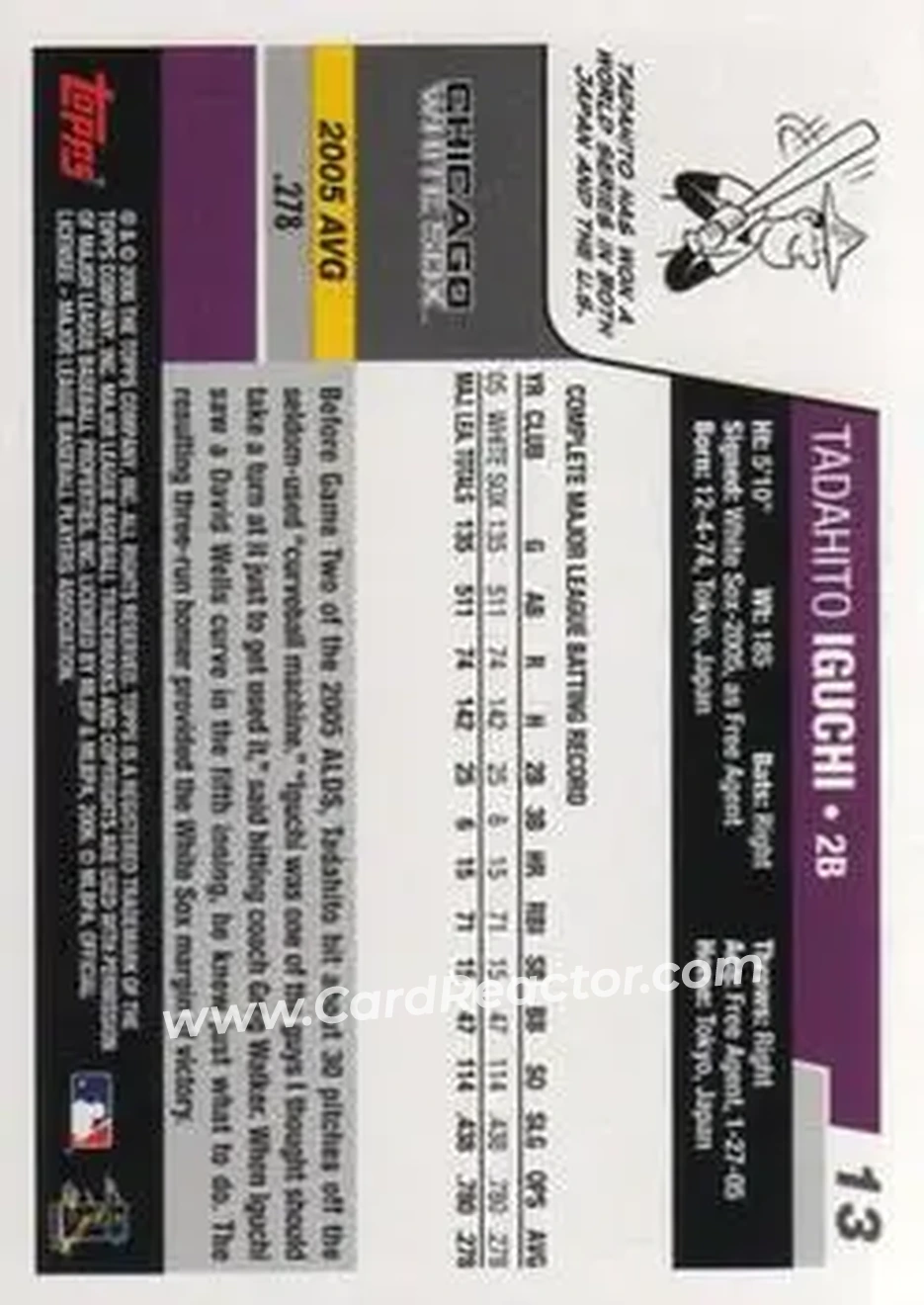2006 Topps #13 - Tadahito Iguchi - Chicago White Sox - Back