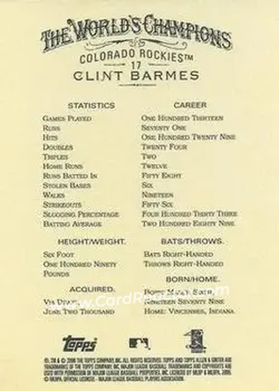 2006 Topps Allen & Ginter #17 - Clint Barmes - Colorado Rockies - Back