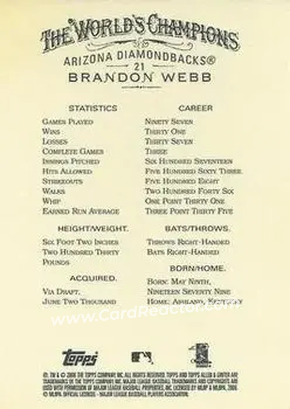2006 Topps Allen & Ginter #21 - Brandon Webb - Arizona Diamondbacks - Back 2006 Topps Allen & Ginter #21 - Brandon Webb - Arizona Diamondbacks - Back