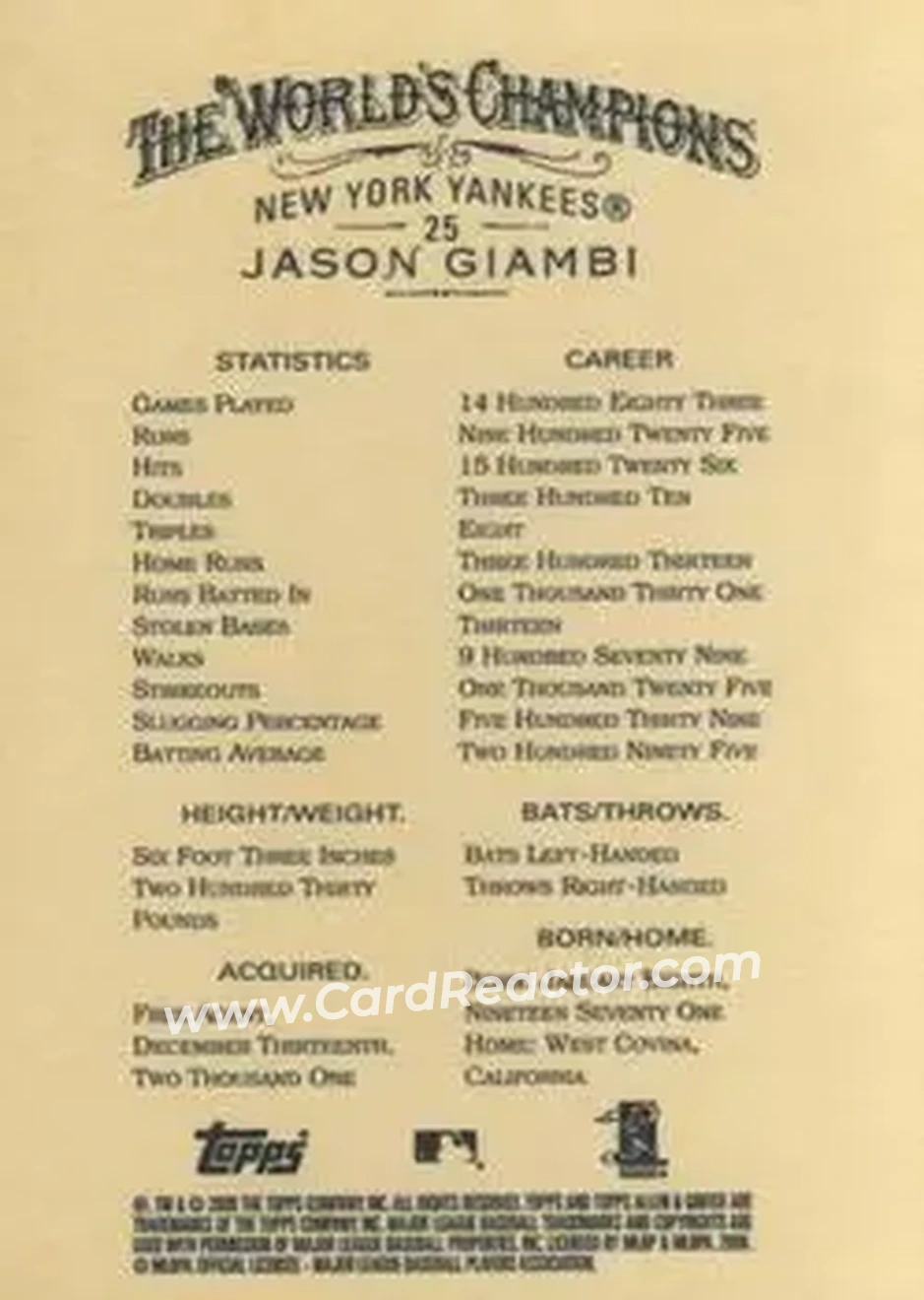 2006 Topps Allen & Ginter #25 - Jason Giambi - New York Yankees - Back 2006 Topps Allen & Ginter #25 - Jason Giambi - New York Yankees - Back