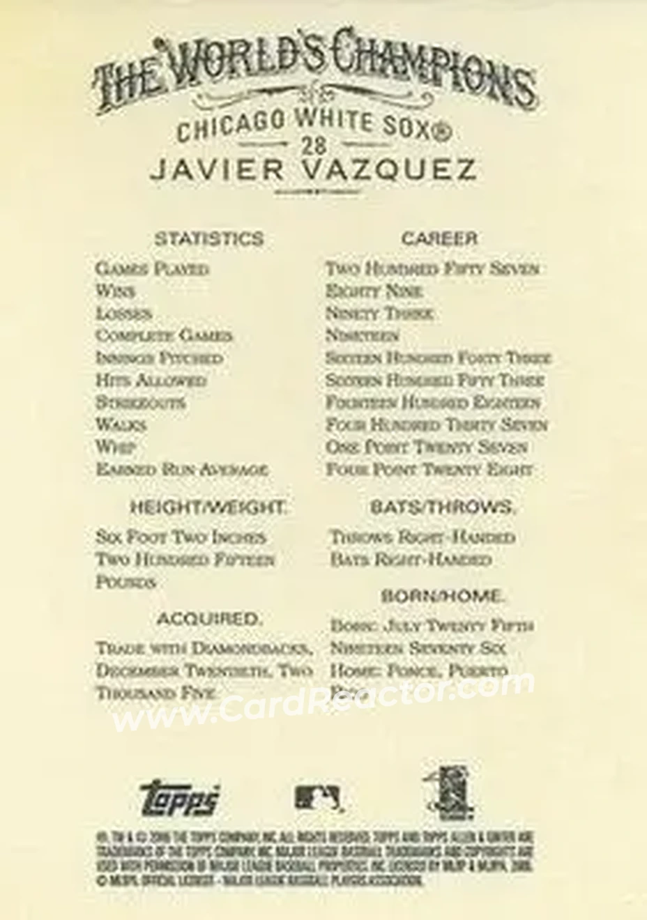2006 Topps Allen & Ginter #28 - Javier Vazquez - Chicago White Sox - Back