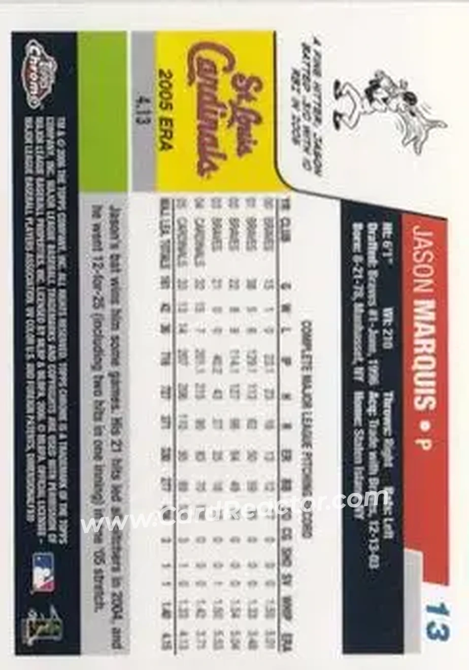 2006 Topps Chrome #13 - Jason Marquis - St. Louis Cardinals - Back