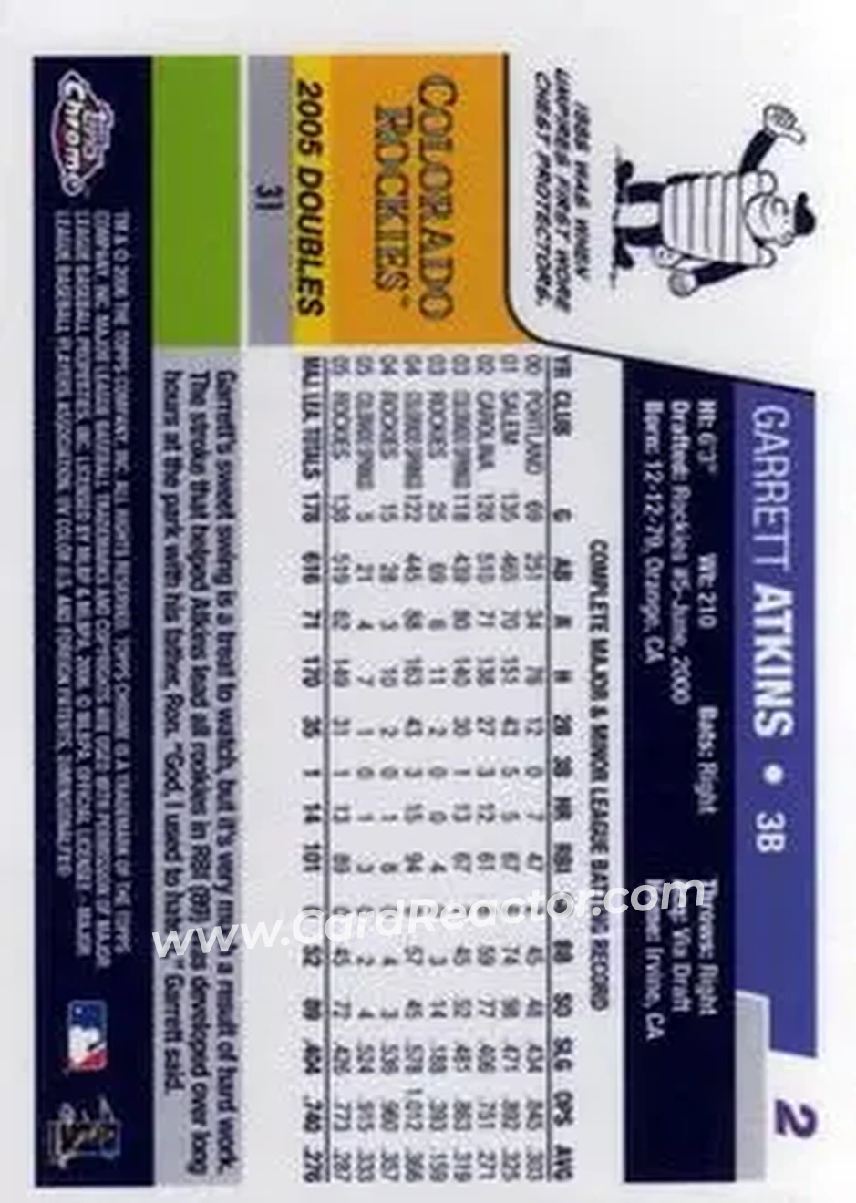 2006 Topps Chrome #2 - Garrett Atkins - Colorado Rockies - Back