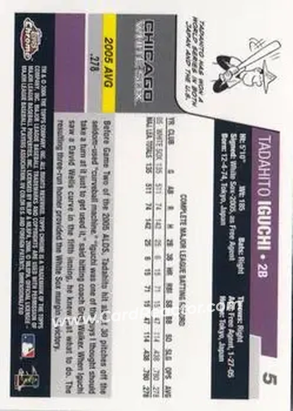 2006 Topps Chrome #5 - Tadahito Iguchi - Chicago White Sox - Back