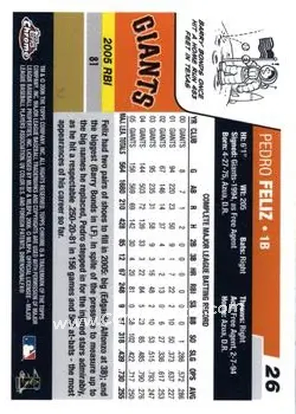 2006 Topps Chrome #26 - Pedro Feliz - San Francisco Giants - Back 2006 Topps Chrome #26 - Pedro Feliz - San Francisco Giants - Back