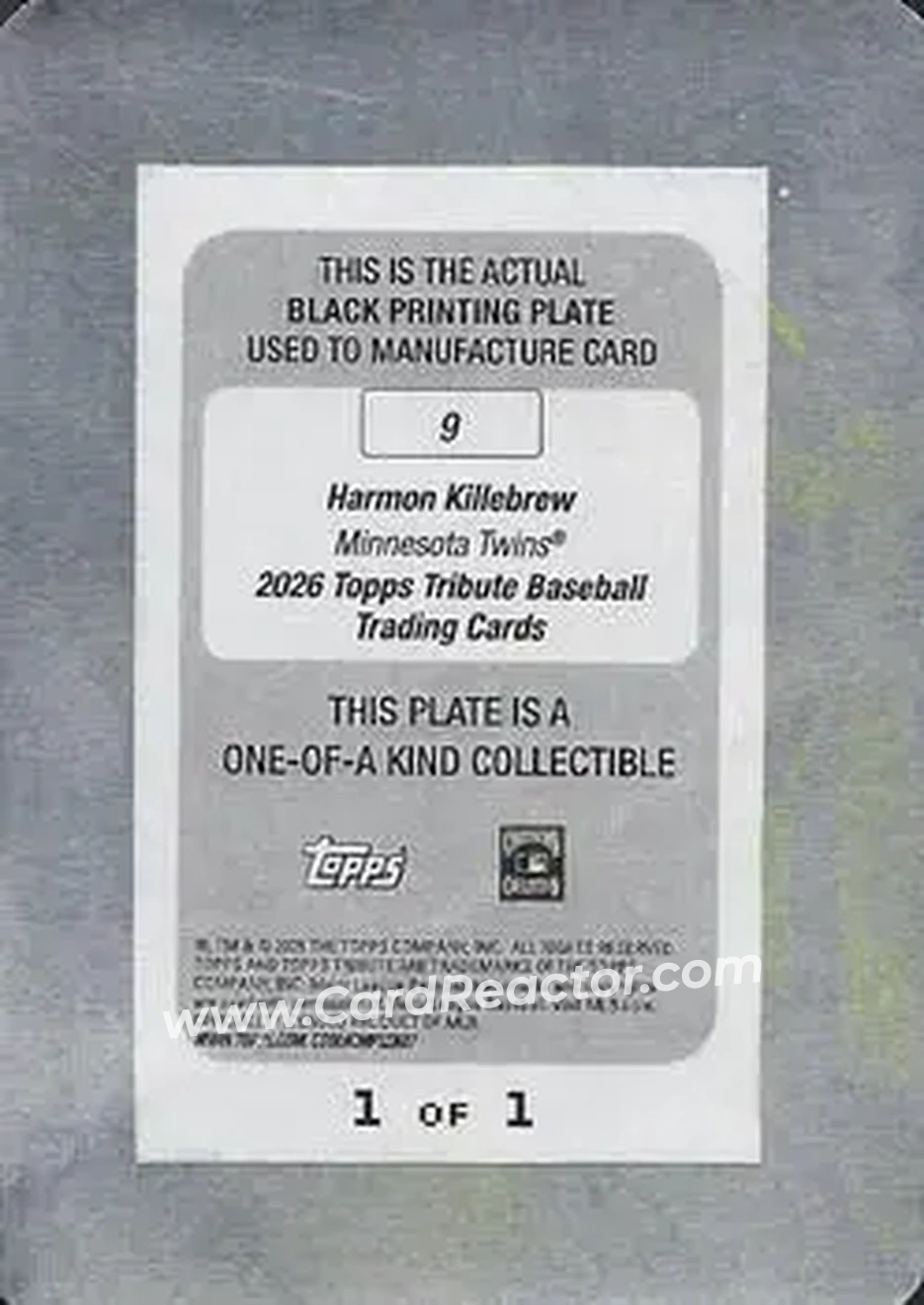 2026 Topps Tribute - Printing Plate Black #9 - Harmon Killebrew - Minnesota Twins - Back 2026 Topps Tribute - Printing Plate Black #9 - Harmon Killebrew - Minnesota Twins - Back