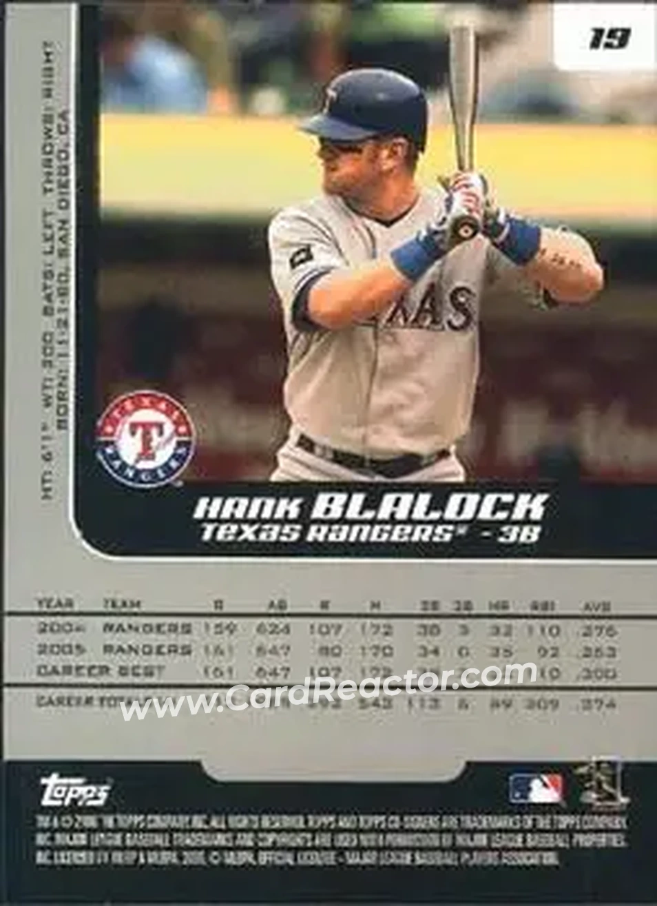 2006 Topps Co-Signers #19 - Hank Blalock - Texas Rangers - Back