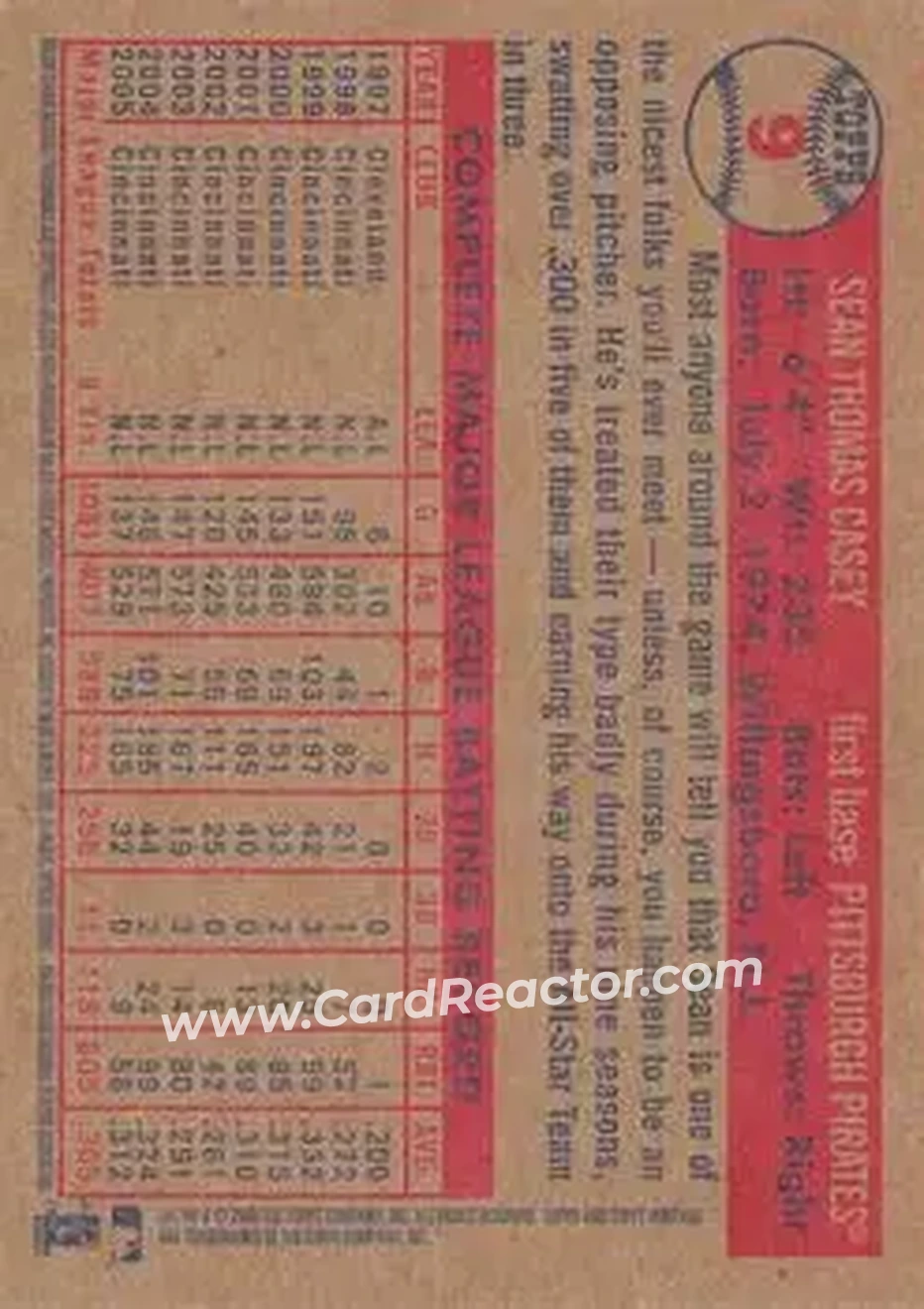 2006 Topps Heritage #9 - Sean Casey - Pittsburgh Pirates - Back
