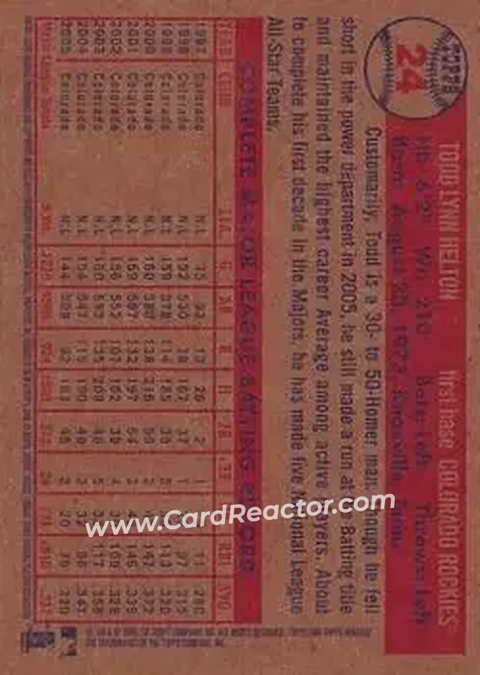 2006 Topps Heritage #24 - Todd Helton - Colorado Rockies - Back