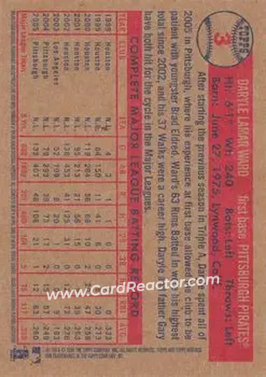 2006 Topps Heritage #3 - Daryle Ward - Pittsburgh Pirates - Back