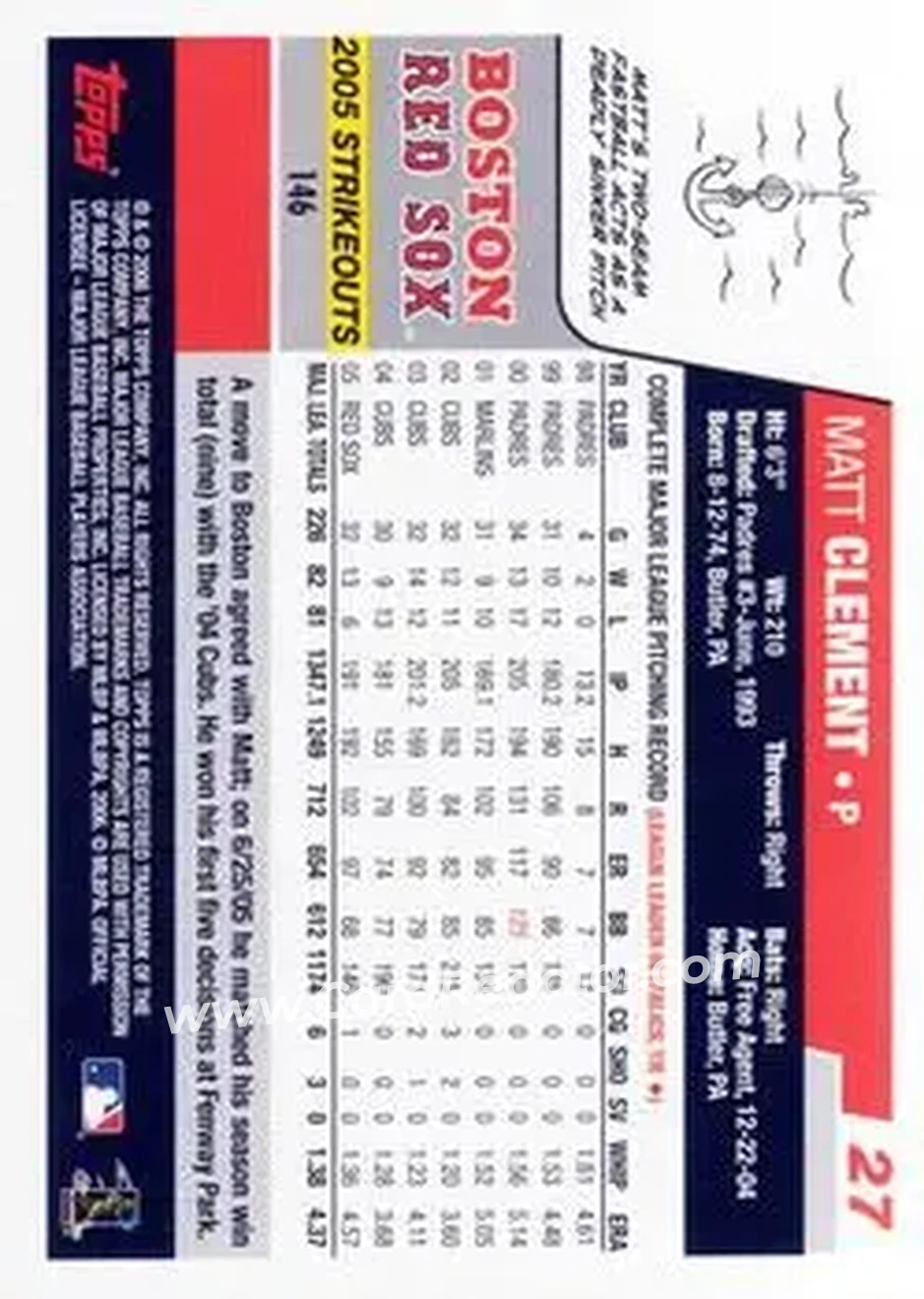 2006 Topps Opening Day #27 - Matt Clement - Boston Red Sox - Back