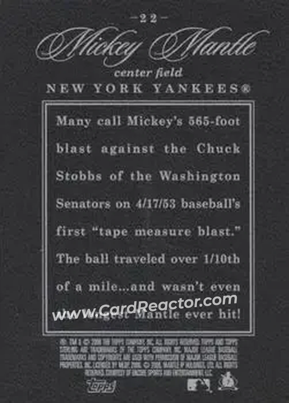 2006 Topps Sterling #22 - Mickey Mantle - New York Yankees - Back