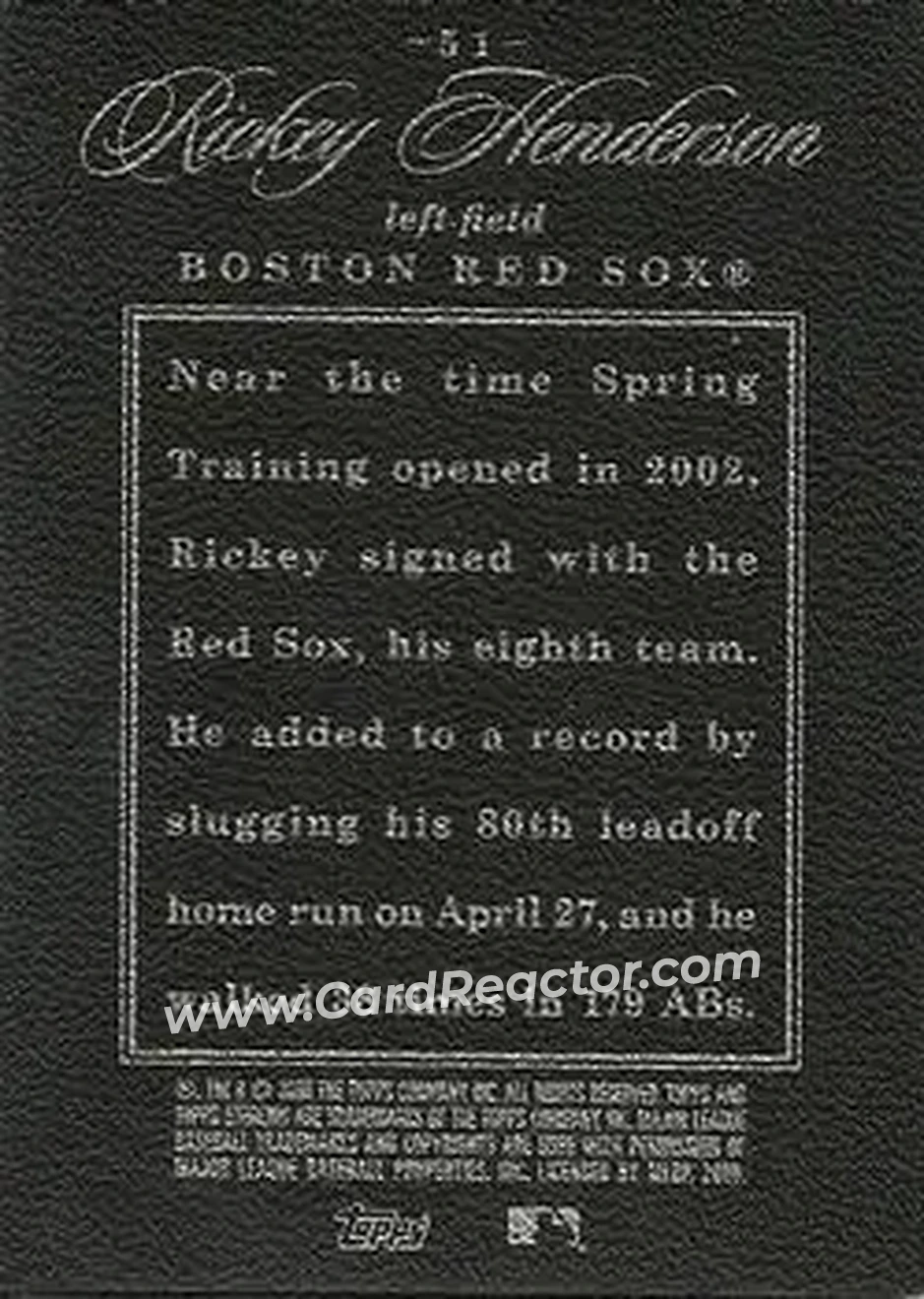 2006 Topps Sterling #51 - Rickey Henderson - Boston Red Sox - Back 2006 Topps Sterling #51 - Rickey Henderson - Boston Red Sox - Back